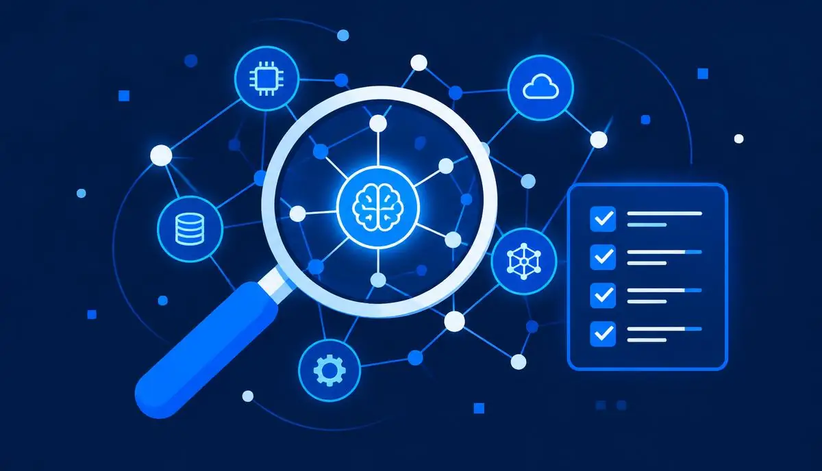 Illustration of a magnifying glass examining a network of AI nodes beside a checklist