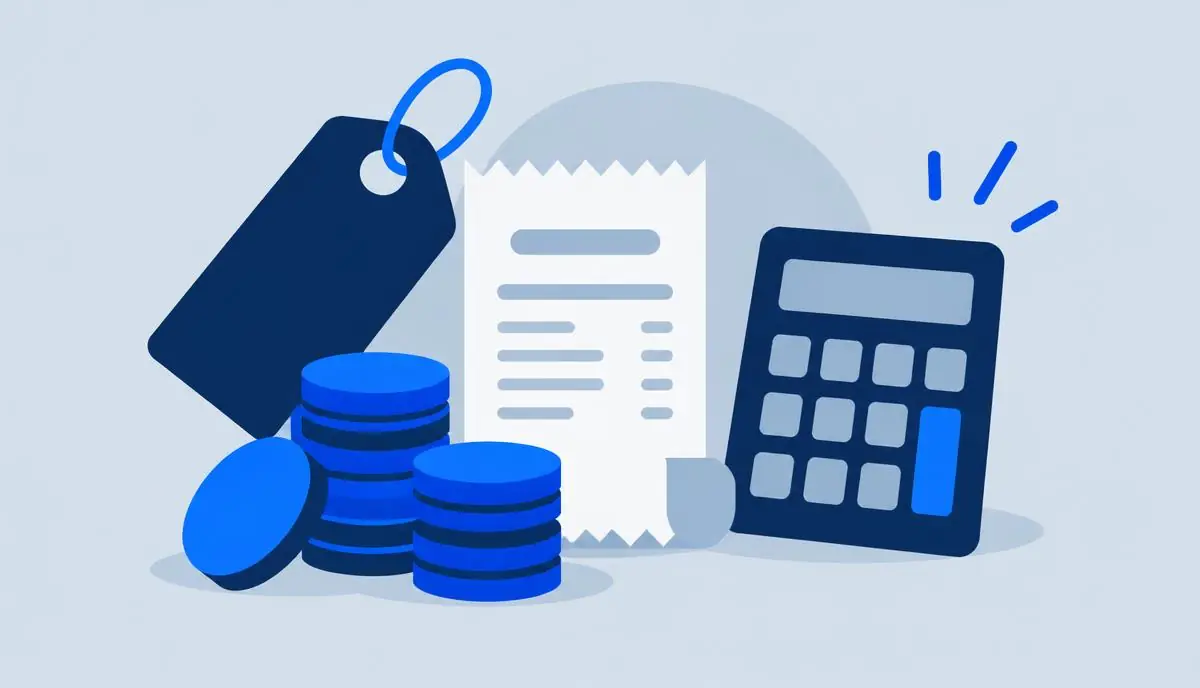 Illustration of a price tag, receipt, coins and a calculator